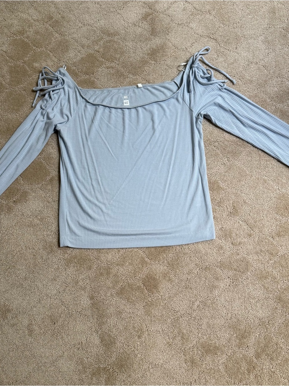 PacSun Light Blue Ribbed Long-Sleeve Tie-Shoulder Top